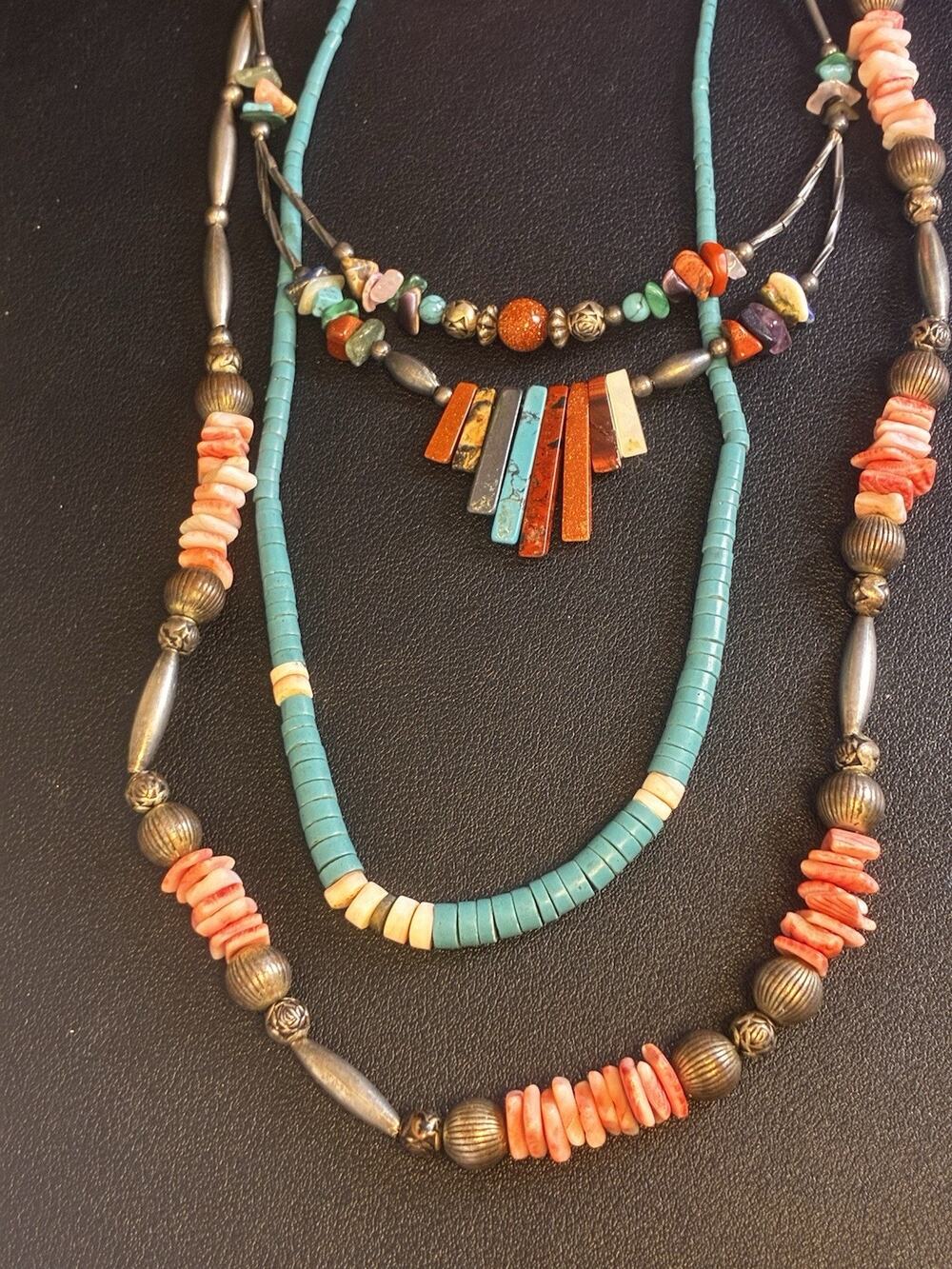 Vintage Southwestern Style Beaded Necklace Lot Turquoise Coral Silver Tone Boho